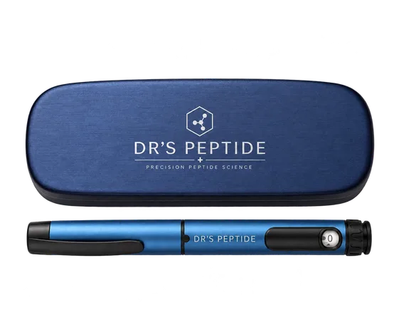 Navy Dr Peptide travel case with the blue pen below