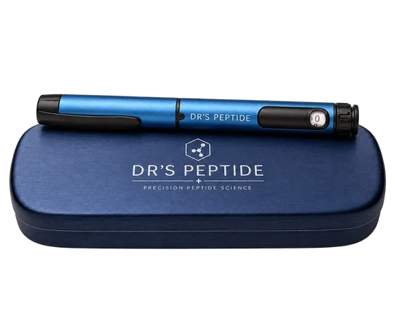 Blue Dr Peptide pen resting on the navy travel case