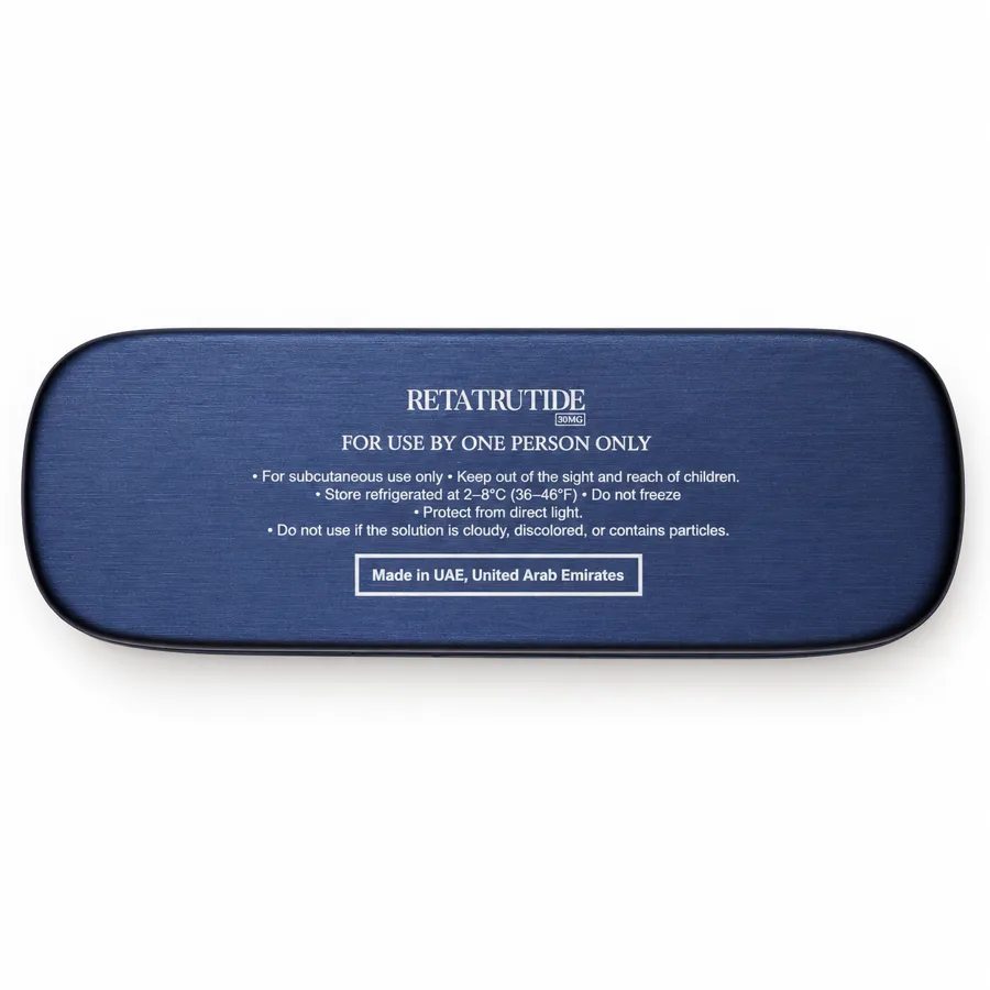 Retatrutide pen and navy case packaging